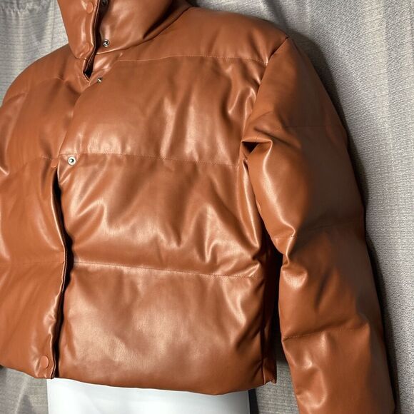 A New Day Faux Leather Cropped Puffer Jacket Brown Women’s Large - Picture 4 of 11
